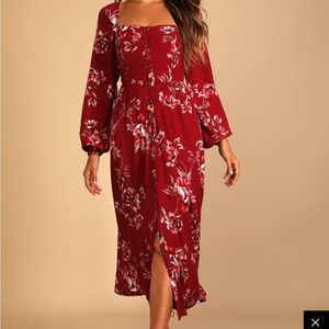 Burgundy Floral Print Tie-Back Midi Dress